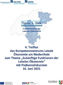 Im Hintergrund des Veranstalternamens Trans L Oek (Transformation der Lokalen Ökonomie) ist eine geografische Karte einer Stadt oder eines Gebietes hinterlegt, in der die Umrisse der verschiedenen Stadtviertel oder Stadtgrenzen in dunkelblau sichtbar sind, drei Teile sind hellblau markiert.