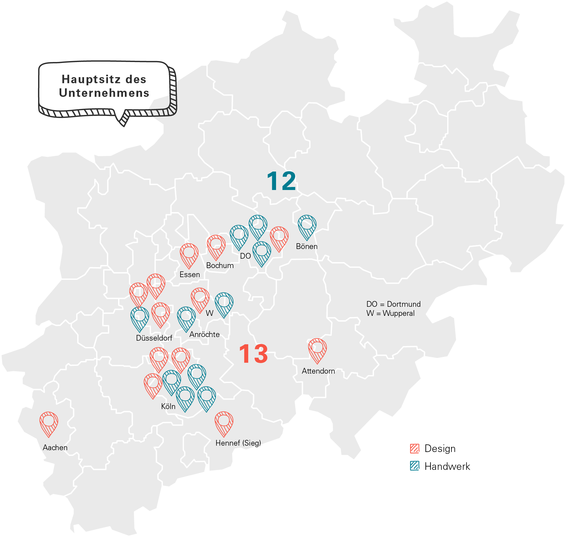 Ansicht einer Karte von NRW mit Markierungen auf die Orte mit den Hauptsitzen der befragten Unternehmen aus Handwerk und Design.