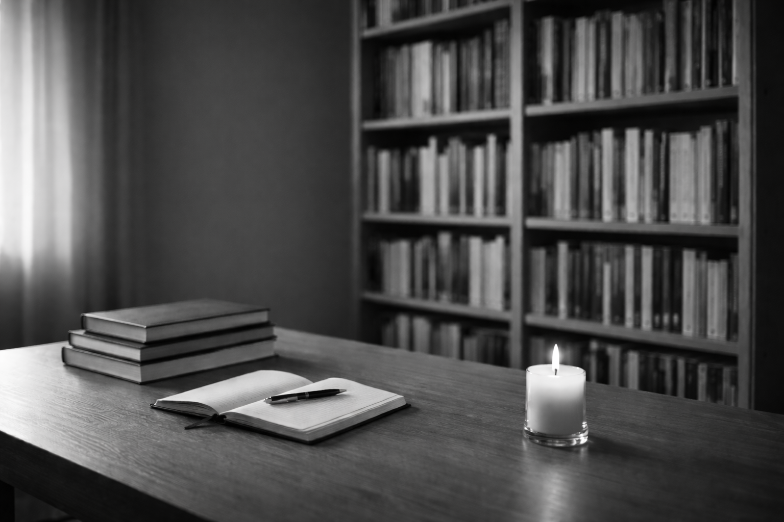 Ruhiges Büro mit Kerze und Büchern (Erstellt mit KI) Slide mit Ruhiges Büro mit Kerze und Büchern (Erstellt mit KI)