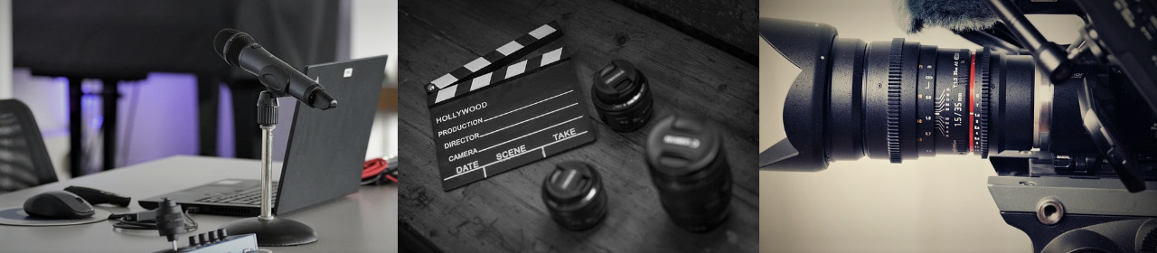 Titelbild_Podcast_Videos © Pixabay / jhenning, GioeleFazzeri, Lirofilm Eine Collage aus drei Fotos. Das erste Foto zeigt ein Laptop mit einem Mikrofon. Das zweite zeigt eine Filmklappe mit drei Objektiven und das letzte zeigt eine Filmkamera im Detail.