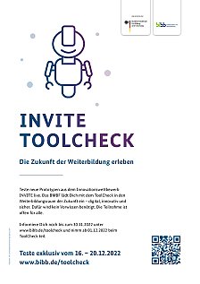 Auf der Einladung zur Veranstaltung Invite ToolCheck - Die Zukunft der Weiterbildung erleben - ist eine Grafik mit einem kleinen Roboter zu sehen.